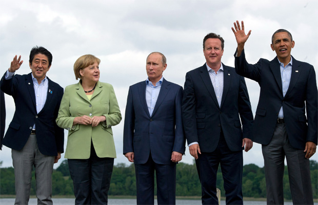 Синдзо Абэ, Ангела Меркель, Владимир Путин, Дэвид Кэмерон и Барак Обама на саммите G8